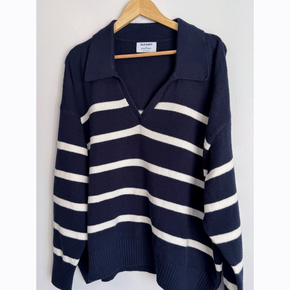Old Navy Collared Stripe Navy White Sweater Women’s 3X Pullover Preppy Coastal - Picture 6 of 10